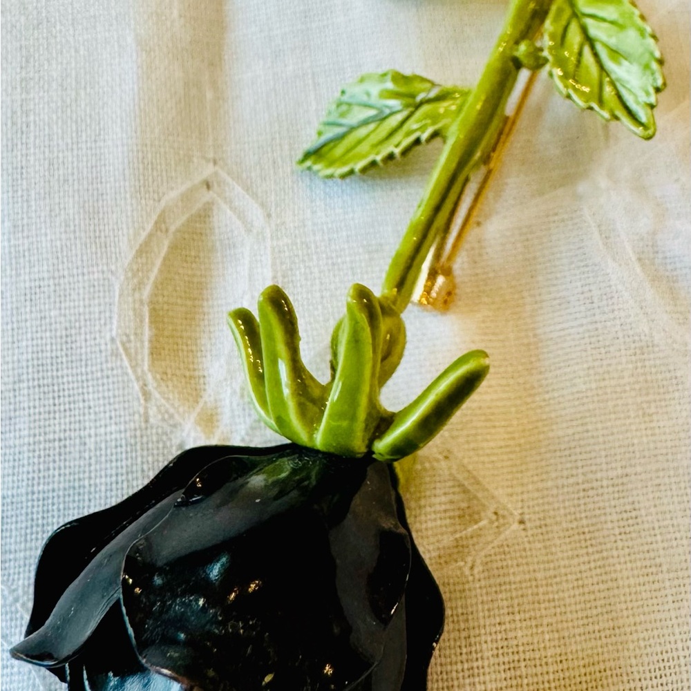 Vintage Green and Black Enamel Rose Brooch